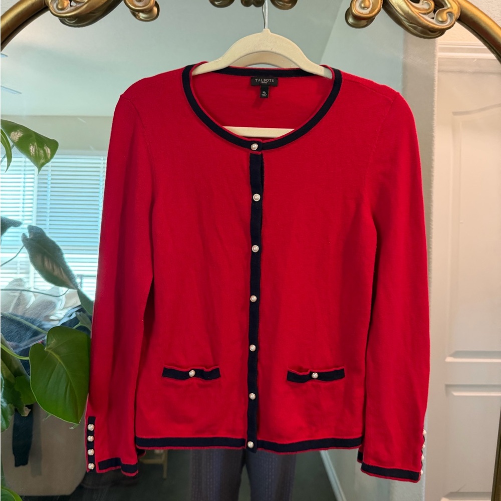 Talbots Red Navy and pearl button Cardigan